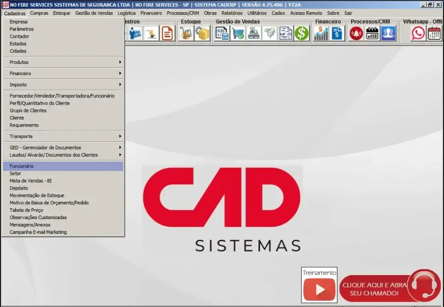 Menu Cadastros - Funcionário no CAD ERP