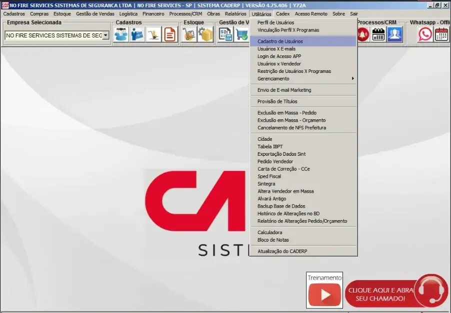 Menu Utilitários - Cadastro de Usuários no CAD ERP