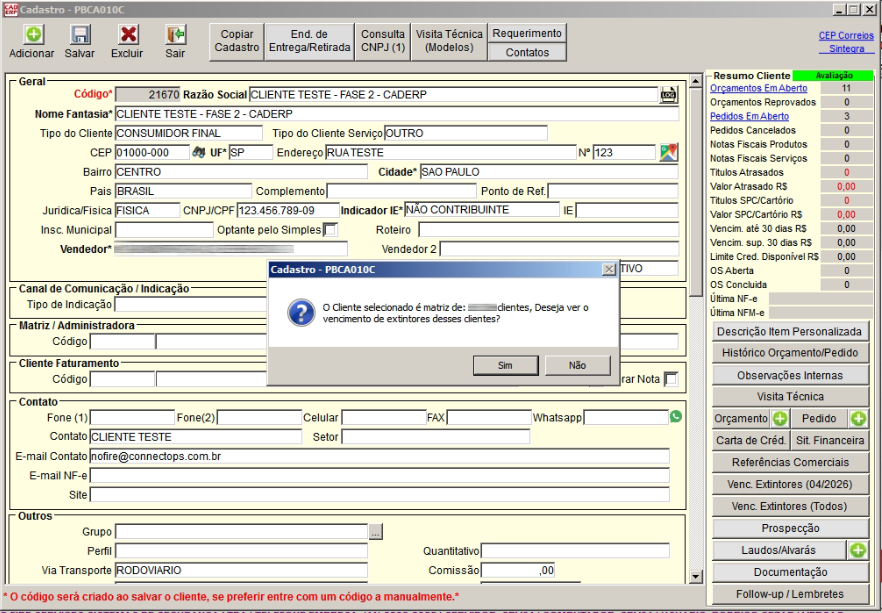 Tela do sistema CAD ERP
