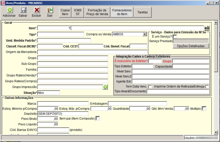 Tela do sistema CAD ERP