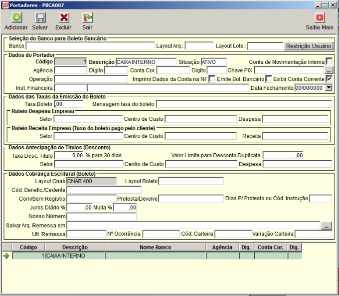 Tela do sistema CAD ERP