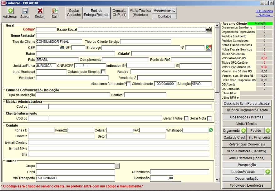 Tela do sistema CAD ERP