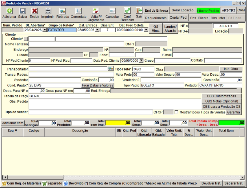 Tela do sistema CAD ERP