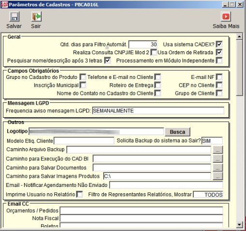 Tela do sistema CAD ERP