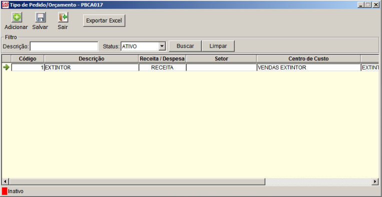 Tela do sistema CAD ERP