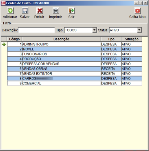 Tela do sistema CAD ERP