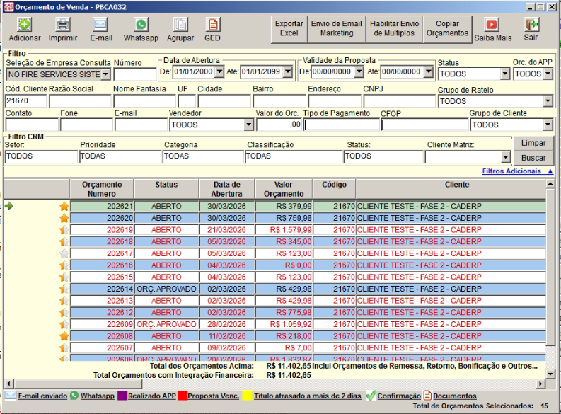 Tela do sistema CAD ERP