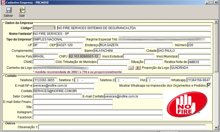 Tela do sistema CAD ERP