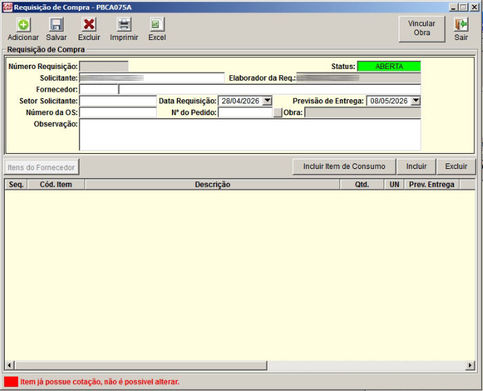Tela do sistema CAD ERP