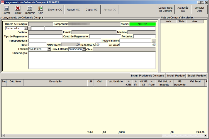 Tela do sistema CAD ERP