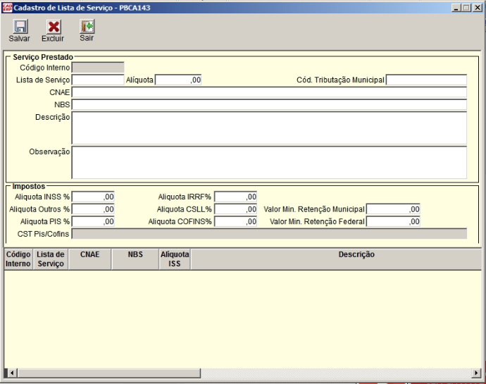 Tela do sistema CAD ERP
